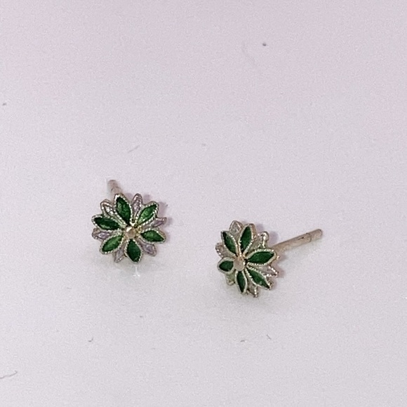 Vtg Sterling Silver & Green Enamel Flower Stud Earrings 6mm - Picture 3 of 8